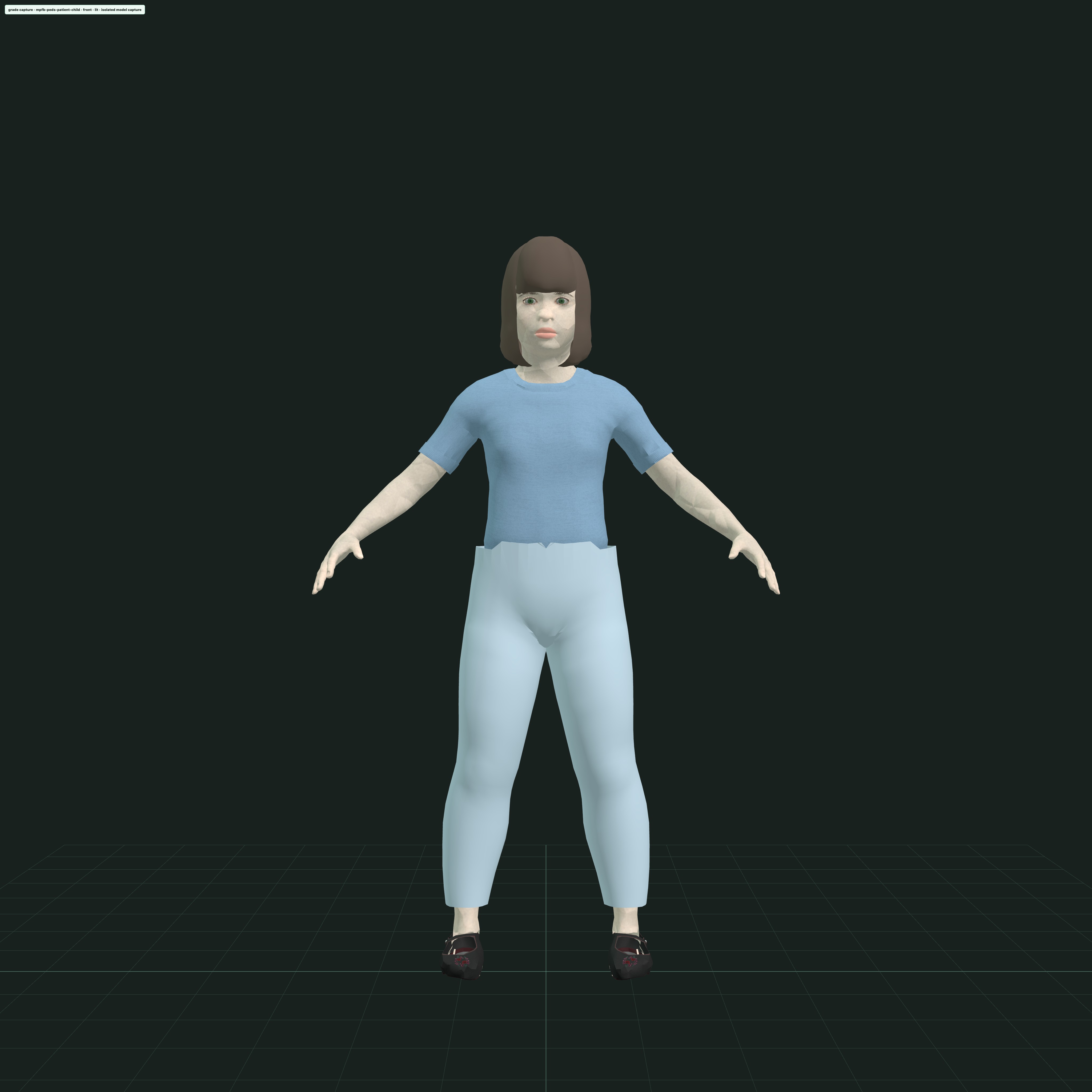 Paediatric patient humanoid in a blue t-shirt and pale trousers, standing in an A-pose on a reference grid, with a solid neck and sleeve hems.